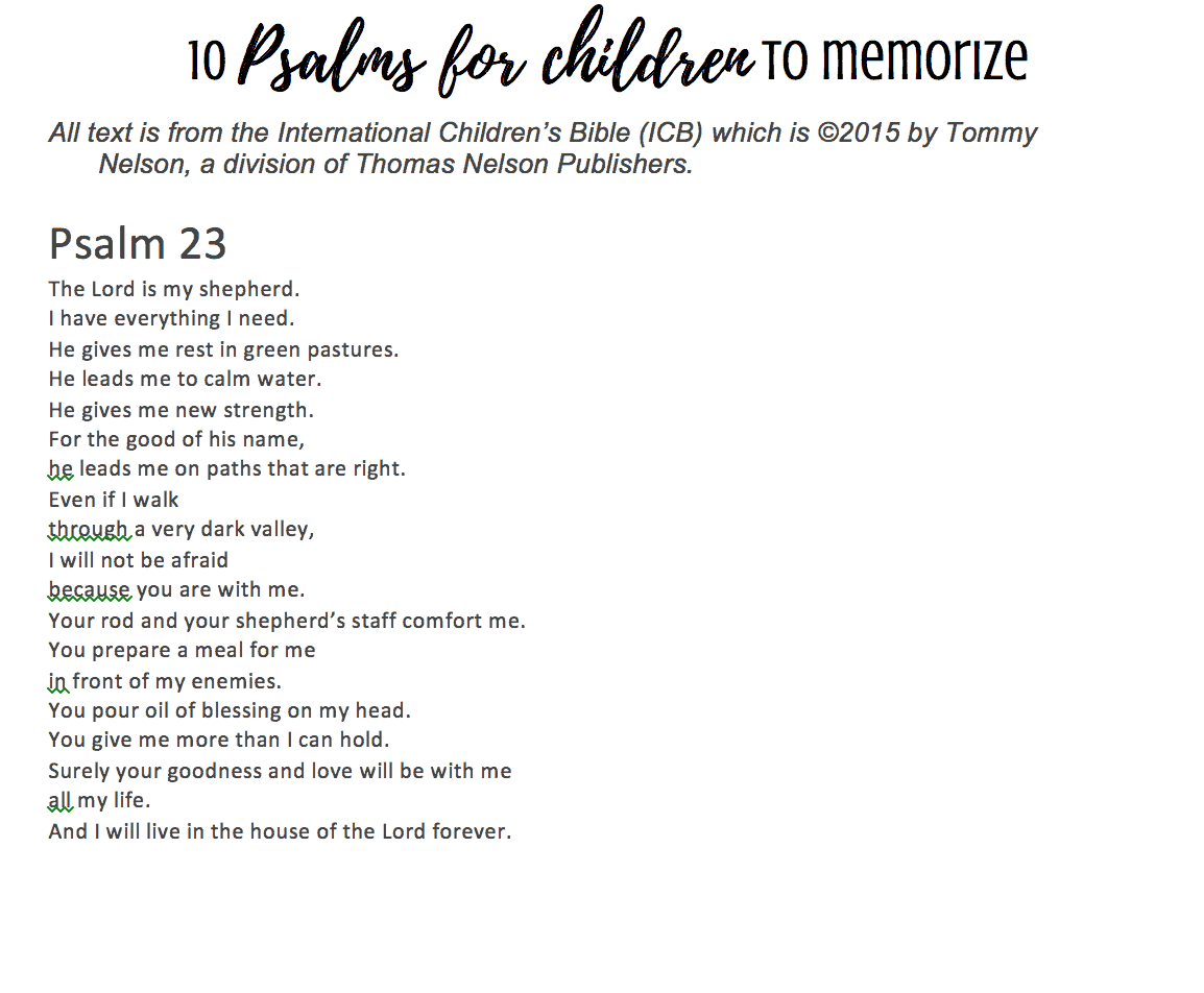 10 Psalms for Children to Memorize Printable