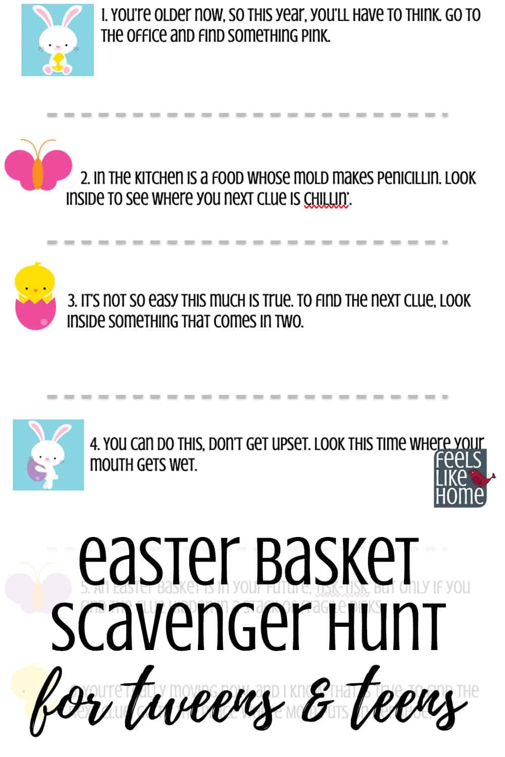 Free printable active Easter basket scavenger hunt for Easter morning - A treasure hunt is a great way to find your Easter basket. This hunt for tweens and teens uses rhymes and riddles as clues. Awesome challenging fun in riddles. Great for families at home. Non-religious. More difficult clues than my other hunts using both indoor and outdoor spots.