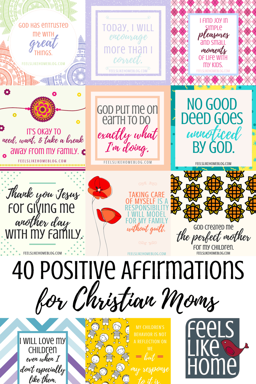 You will find tons of encouragement in these 40 printable positive affirmations cards for Christian moms. Dealing with children, your husband, motherhood, and life, these inspiring words will expose the truths of God's word in a meaningful, repeatable way.